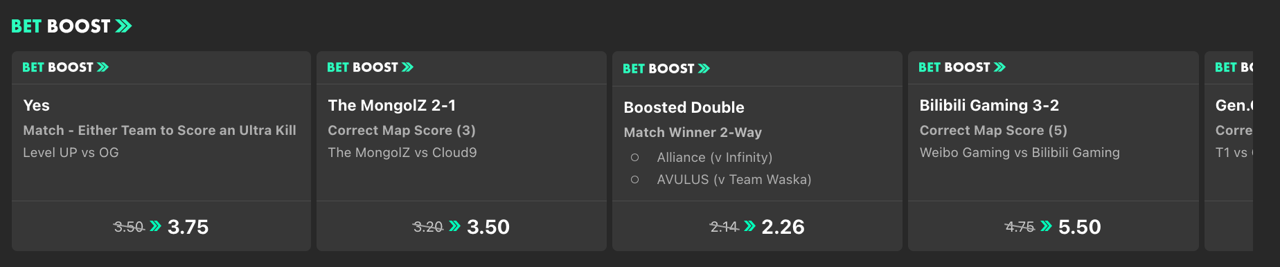 eSports section of Bet365's website, showing the available eSports price boosts at the time of writing